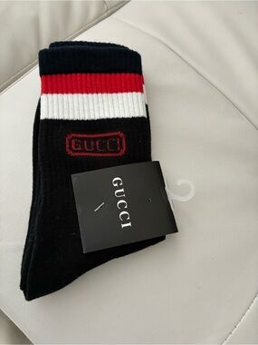 Gucci Black Crew Socks with Red and White Stripe Cuff